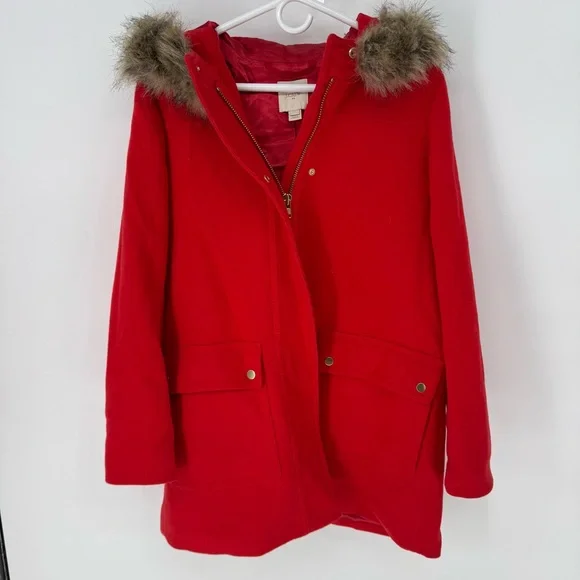 J. Crew cottagecore wool blend Red hoodie Pea Coat with Fur Hood size 10 - Picture 3 of 9